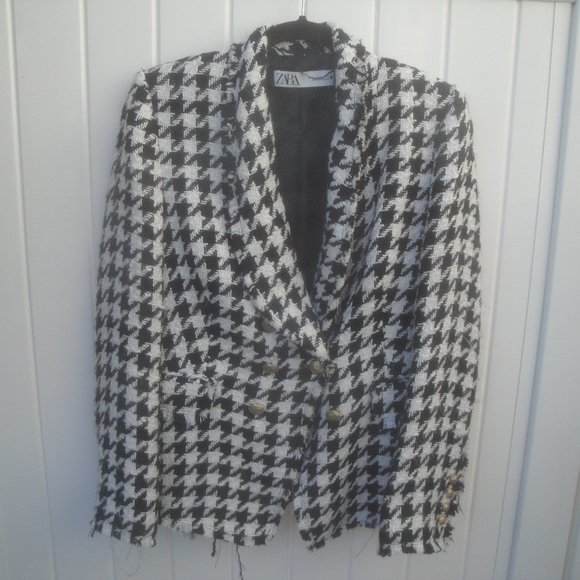 Zara Frayed Houndstooth Check Black-White Plaid Preppy Professional Blazer Large - Picture 8 of 8